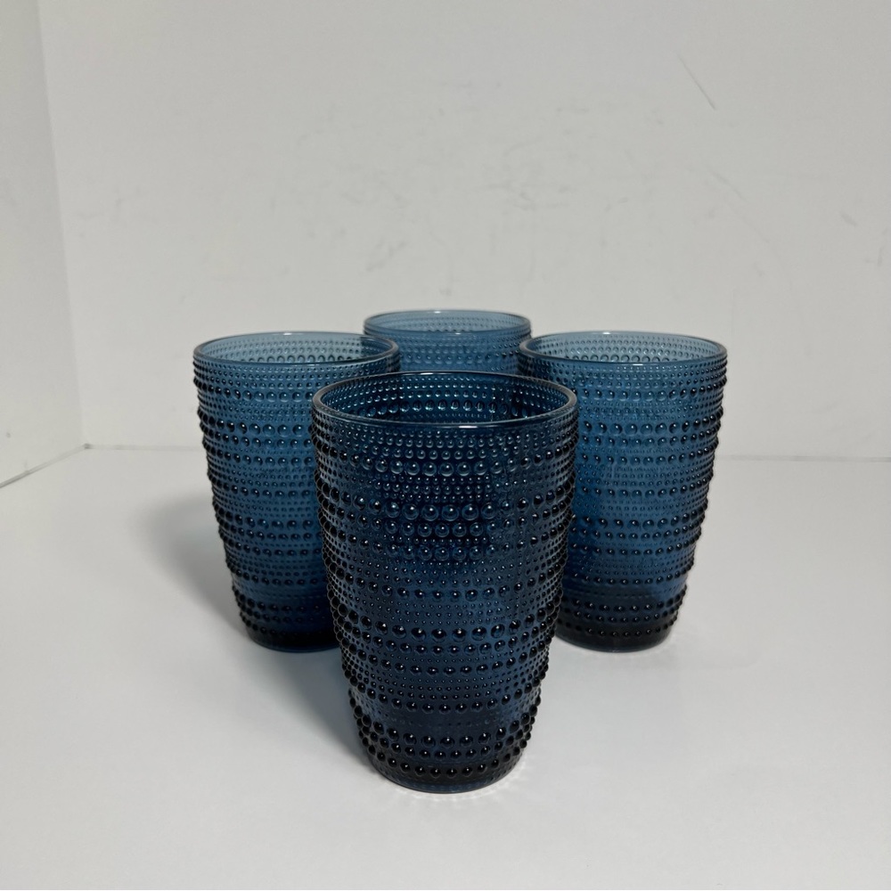Hobnail Bubble Glass Blue Beaded Set of 4 Drinking 12 oz Cocktail Glasses